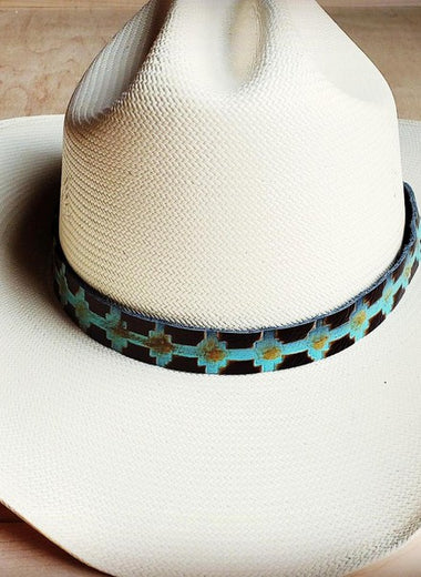 Blue Navajo Embossed Leather Hat Band