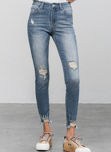 Distressed Raw Hem Skinny Jeans