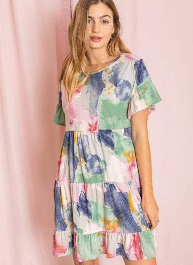 Tie Dye Ruffle Triple Tiered Midi Dress