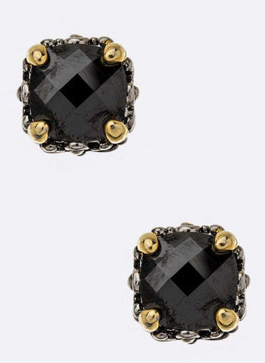 CZ Designed 2 Tone Prong Set Cushion Stud Earrings