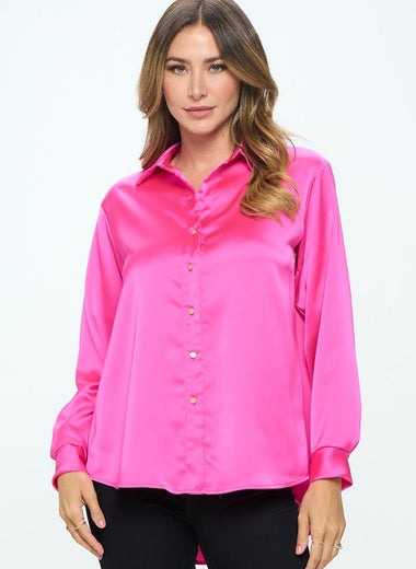 Stretch Satin V neck Blouse with Collar