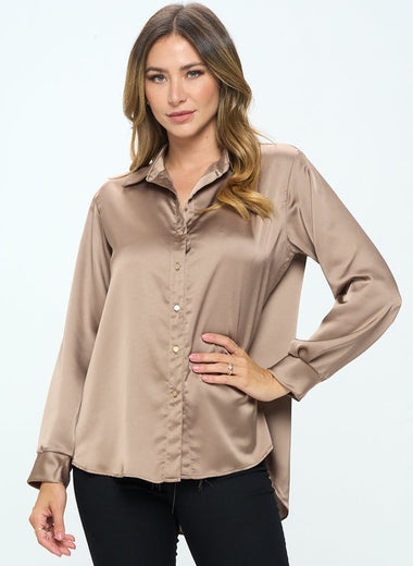 Stretch Satin V neck Blouse with Collar
