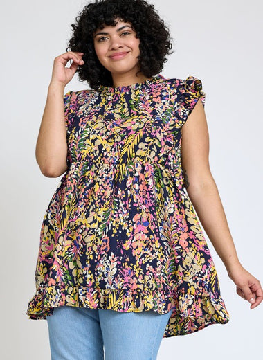 Ruffle floral leaf woven tunic top