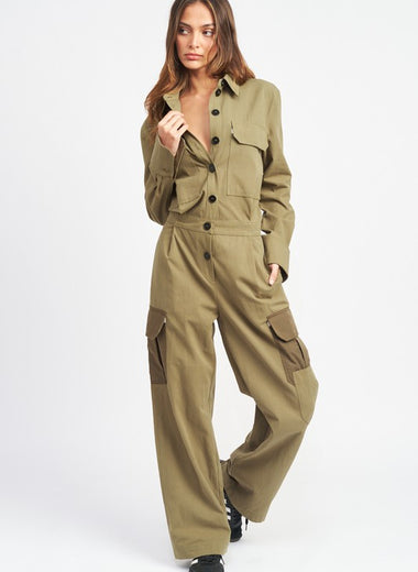 BUTTON DOWN CARGO JUMPSUIT