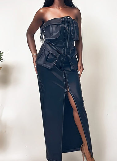 Athina button detailed PU black leather dress