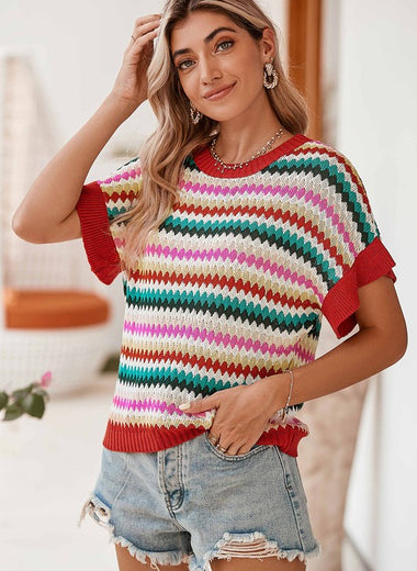 Red Pink Green stripe ruffle short sleeve knit top