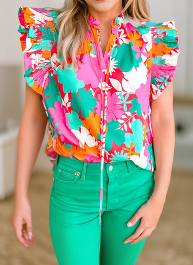 Floral Tie Split Neck Ruffle Trim Blouse