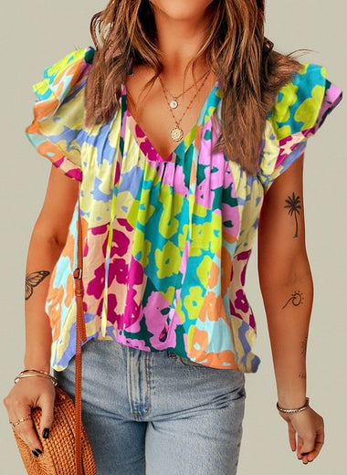 Women Leopard Flutter Sleeve V Neck Blouse