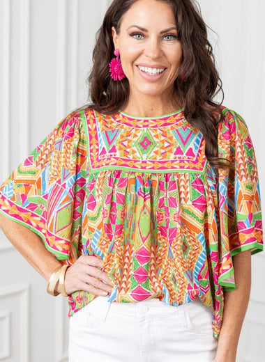 Women Print Bell Sleeve O Neck Babydoll Blouse