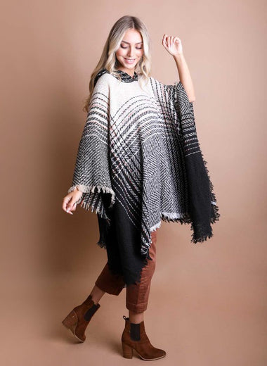 Herringbone Tweed Hooded Frayed Edge Poncho