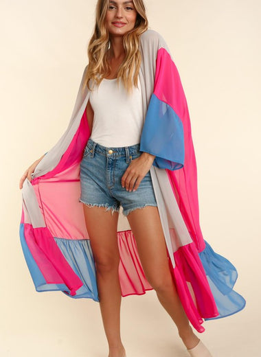 COLOR BLOCK KIMONO MAXI OPEN CARDIGAN