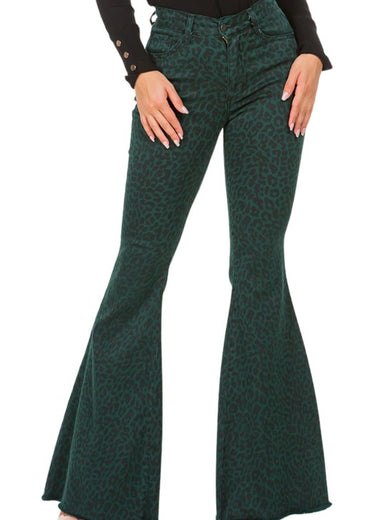 Leopard Bell Bottom Jean in Pine Green