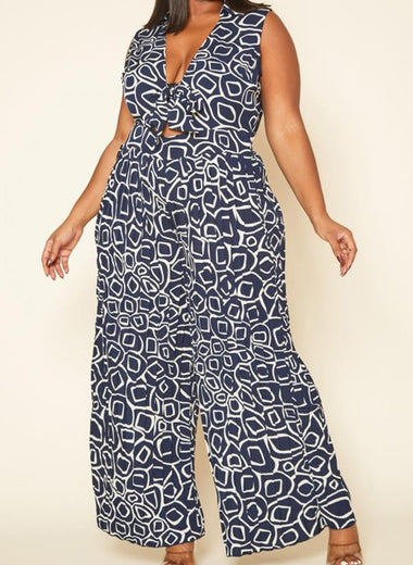 McKenzie- Plus Size Abstract Print Wide Flare Jumpsuit
