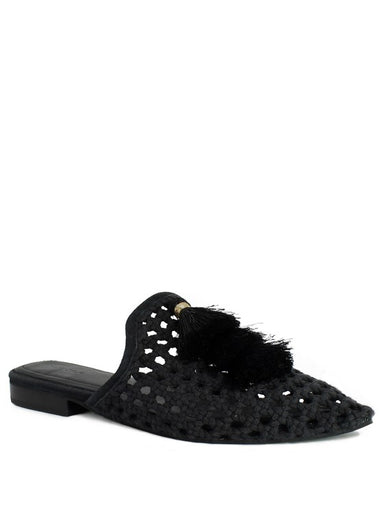 MIRIAM Woven Metallic Tassel Flat Mules