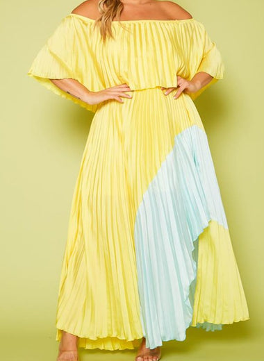 Plus Size Two Tone Pleated Asymmetrical Maxi Dress