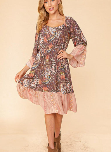 ETHNIC PAISLEY COLOR BLOCK BELL SLEEVE DRESS