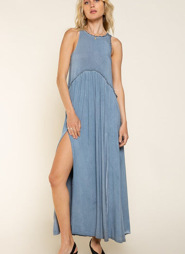 Stone Washed Side Slit Cut Out Maxi Dress