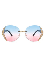 Women Rimless Round Rhinestone Oversize Sunglasses