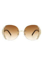 Women Rimless Round Rhinestone Oversize Sunglasses