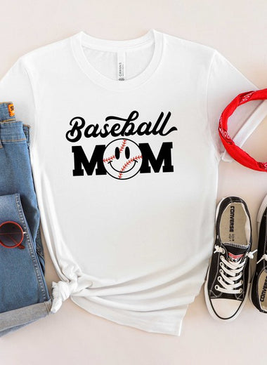 Baseball Mom Smiley Face Short Sleeve Graphic Tee