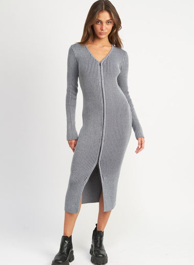 V NECK MIDI DRESS WITH TWO WAY ZIPPER