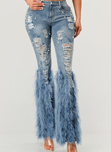 Distressed Pearl Embellished Feather Detail Jeans