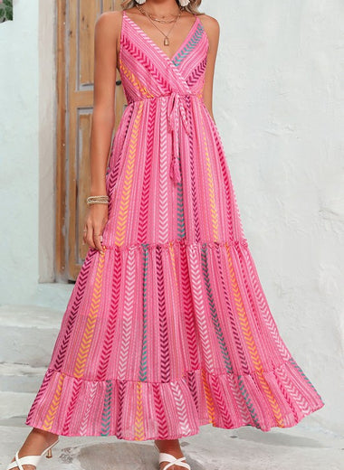 Pink Tribal Tassel Tie V Neck Surplice Maxi Dress