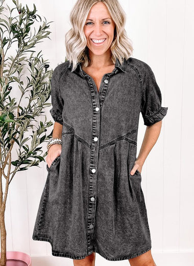 Ruffled Short Sleeve Buttoned Denim Dress