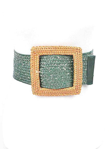 Bamboo Square Buckle Faux Straw Elastic Belt