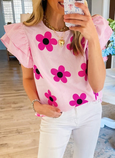 Women Floral Print Ruffled Flutter Sleeve Blouse