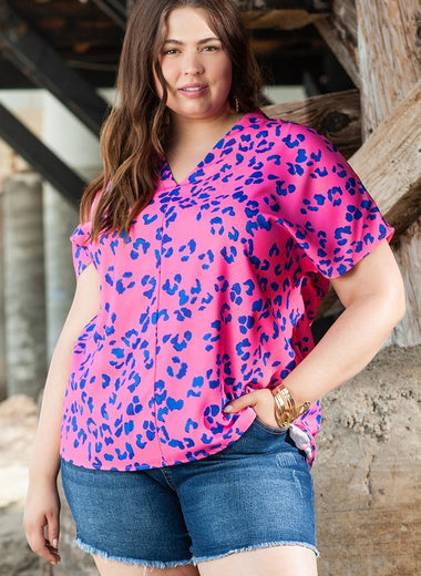 Women Leopard Print Plus Size V Neck Blouse