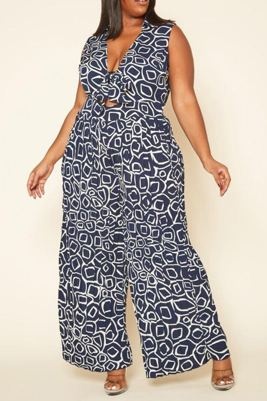McKenzie- Plus Size Abstract Print Wide Flare Jumpsuit